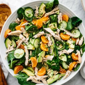 A large white bowl of mandarin chicken salad.