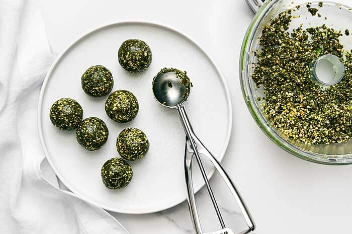 Scooped up matcha energy balls.