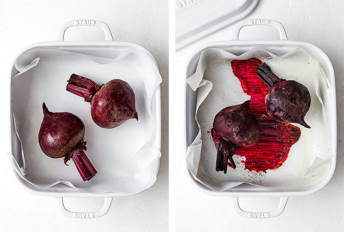 Roasting beets in a white casserole dish