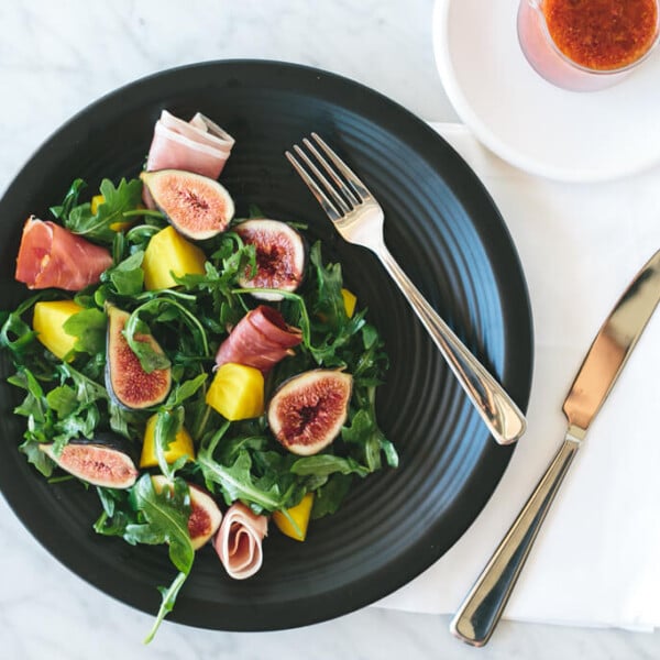 Fig, Golden Beat and Prosciutto Salad. A sweet and hearty salad that's bursting with flavor and topped with a fig vinaigrette.