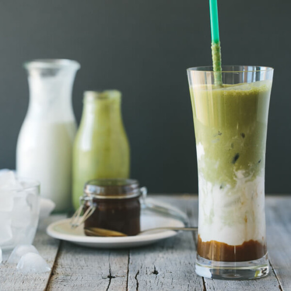 (dairy-free, vegan, paleo) Iced matcha and salted caramel latte. A layered and sweet iced matcha latte.