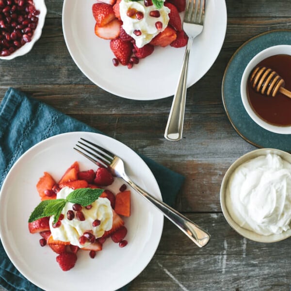 Red Fruit Salad with Honeyed Yogurt. This simple and sweet fruit salad is filled with strawberries, watermelon and pomegranates.