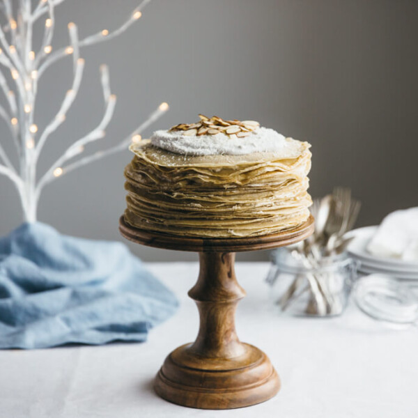 (gluten-free, paleo) Coconut amaretto crepe cake. Made with cassava flour crepes and filled with a coconut amaretto buttercream.