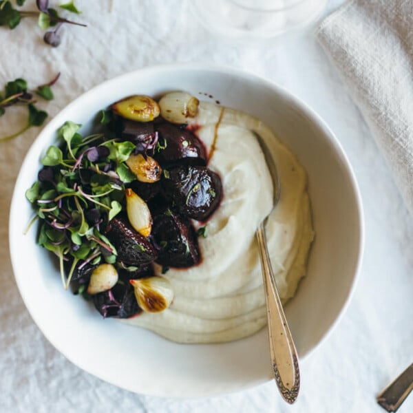 Celery root puree with balsamic roasted beets and pearl onions. A delicious veggie powered meal.