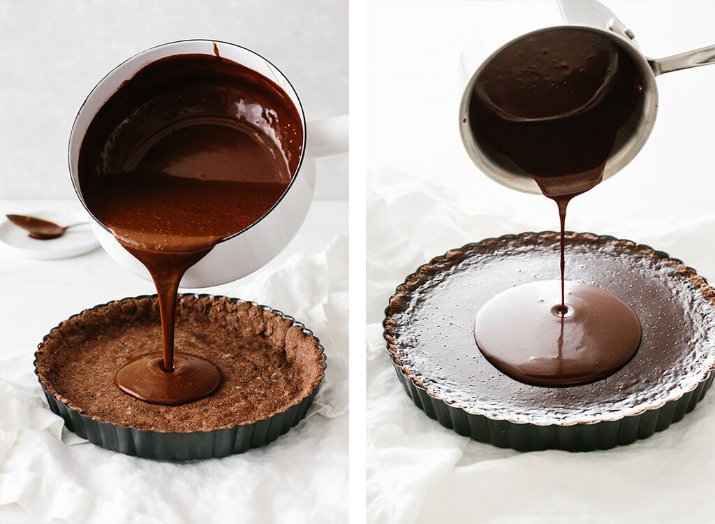 Pouring the chocolate filling to make the chocolate tart.