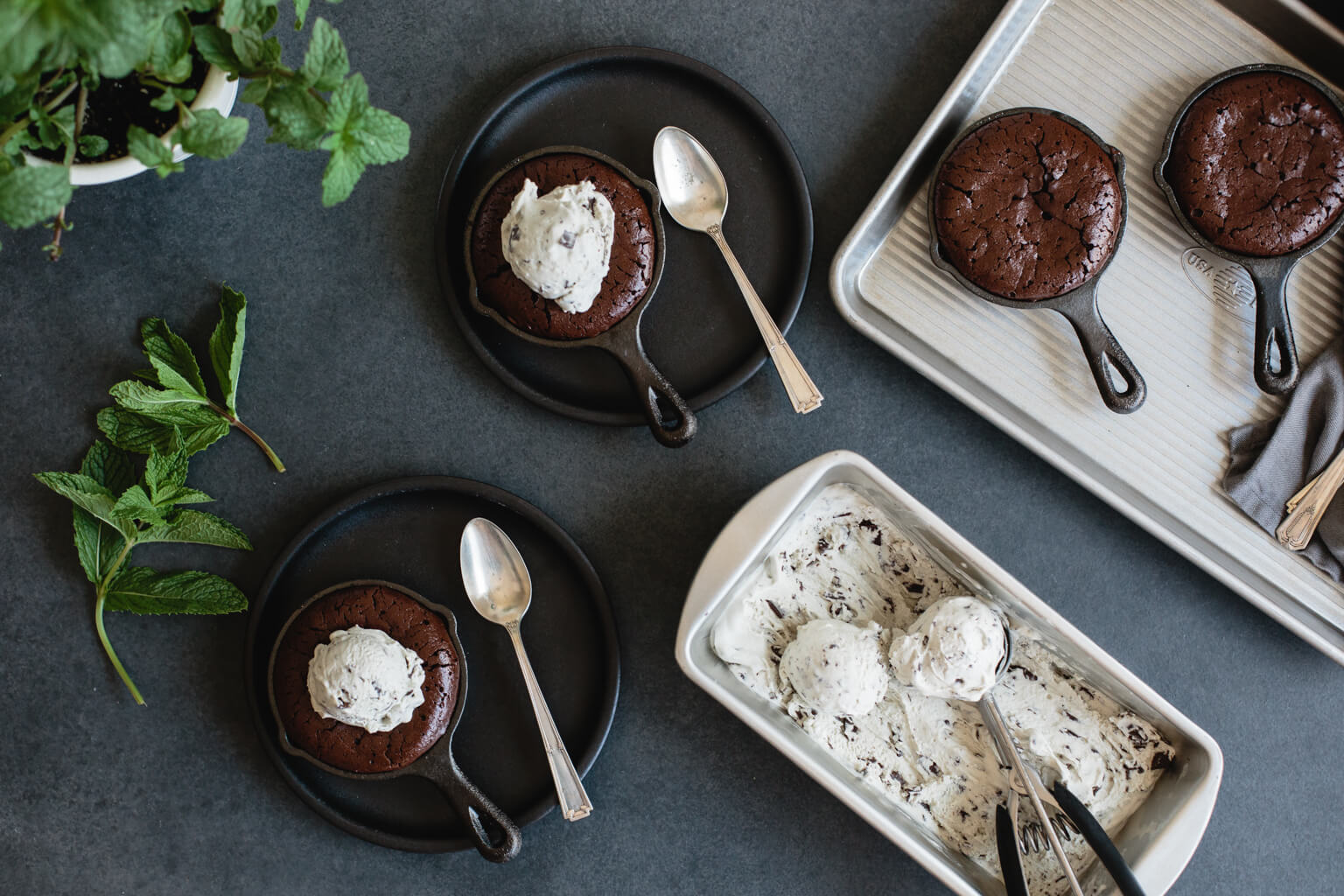 (Gluten-free and Paleo) Mini Skillet Brownies with Fresh Mint Chocolate Chip Ice Cream