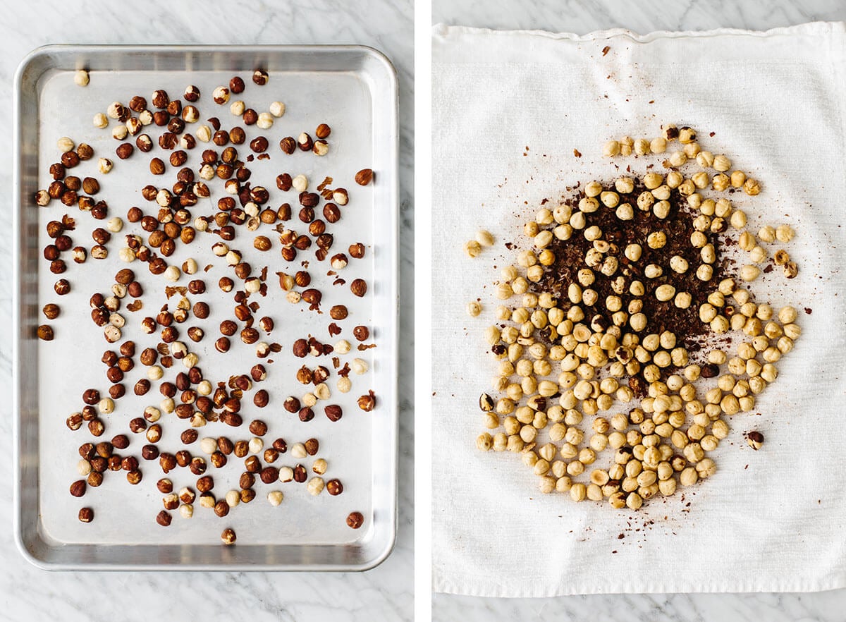 Roasting hazelnuts on a sheet pan for homemade Nutella