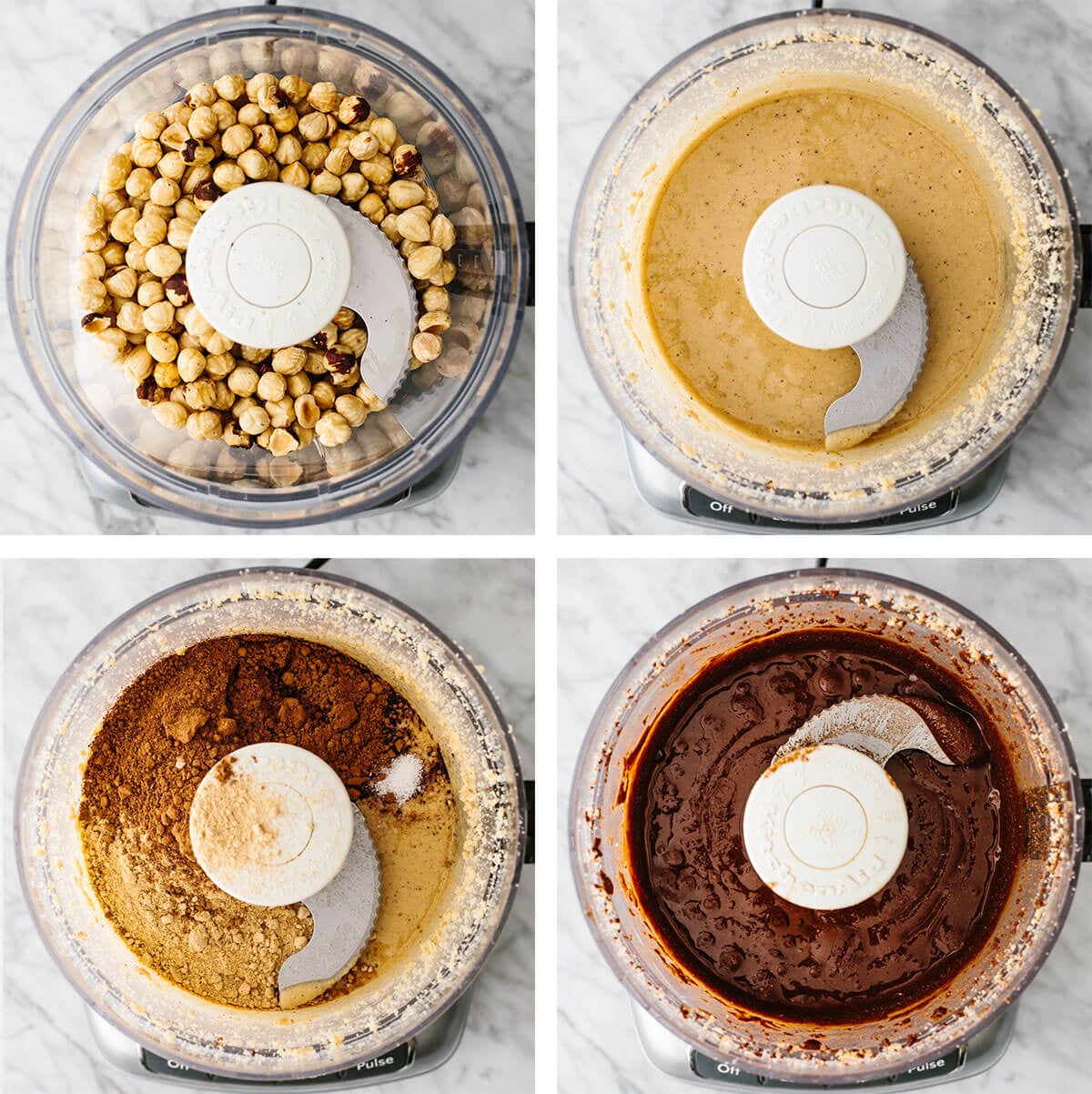 Blending ingredients in a food processor for homemade Nutella.