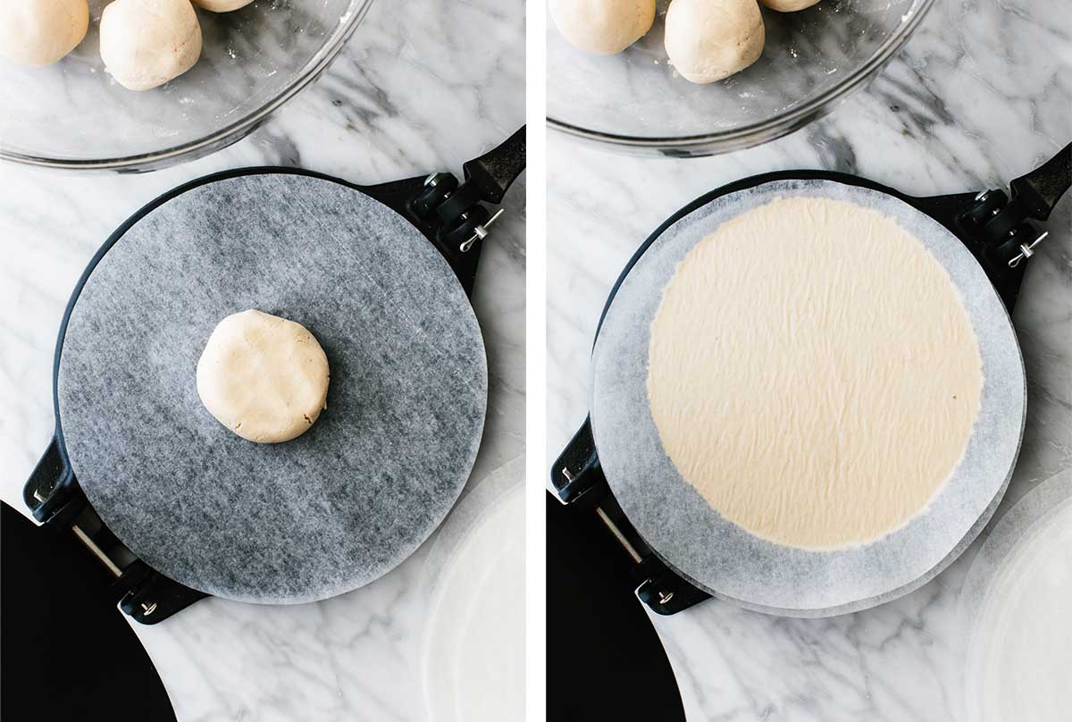 Making cassava flour tortilla in a tortilla press