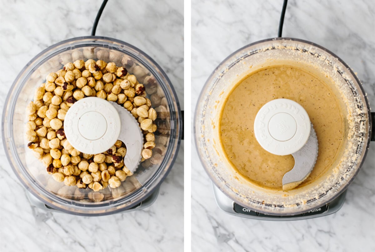 Blending hazelnuts for homemade Nutella in a food processor.