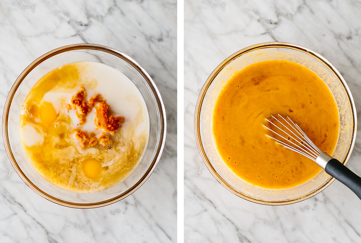 Stirring the wet ingredients together in a bowl.
