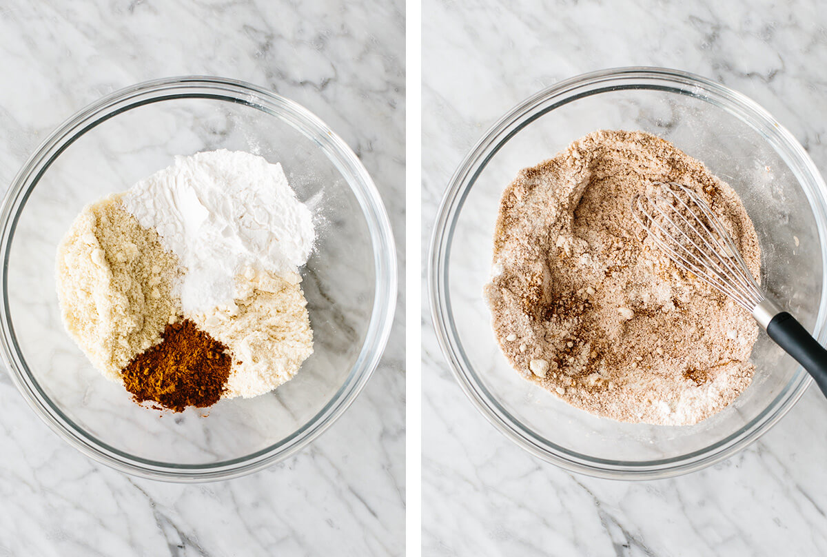Stirring the dry ingredients in a bowl.