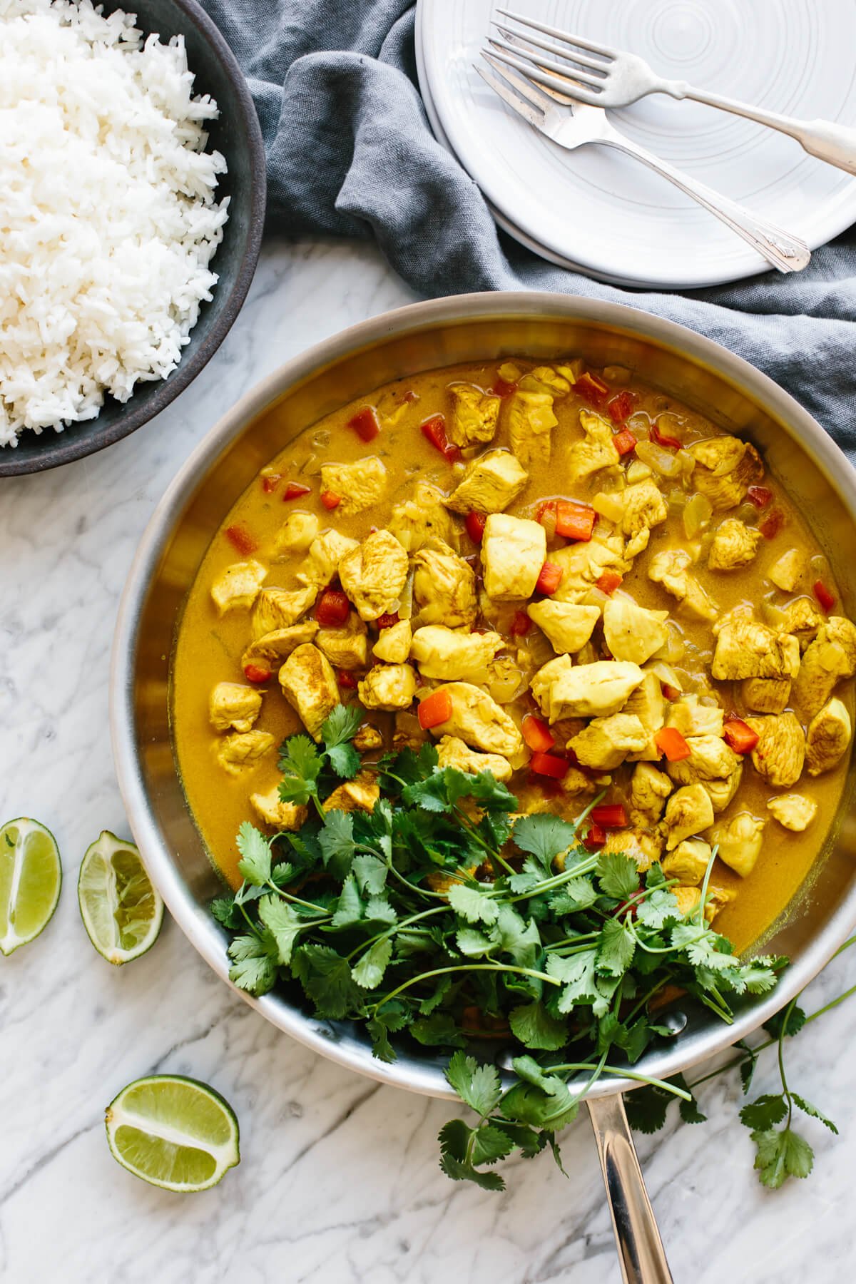 Coconut curry chicken is an easy, healthy, one-pan, weeknight dinner recipe that's packed with flavor! Coconut curry chicken in a pan.