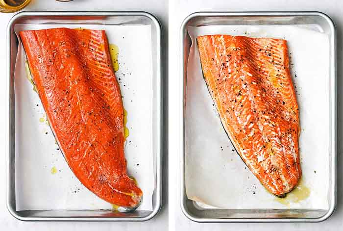 Baking a salmon filet on a sheet pan.