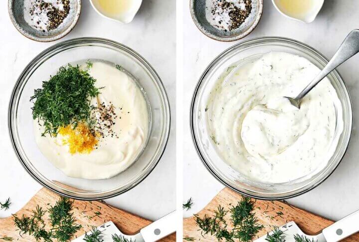 Stirring lemon dill sauce in a bowl.