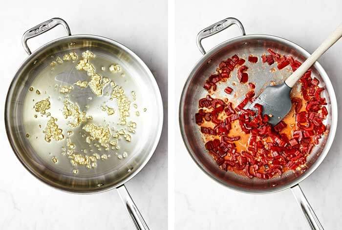 Cooking garlic and Swiss chard stems.