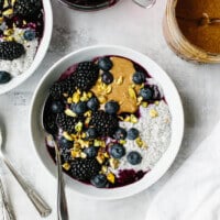 This peanut butter and jelly chia pudding (or almond butter and blueberry puree chia pudding) tastes just like a PB&J sandwich. It's a delicious, healthy breakfast recipe!
