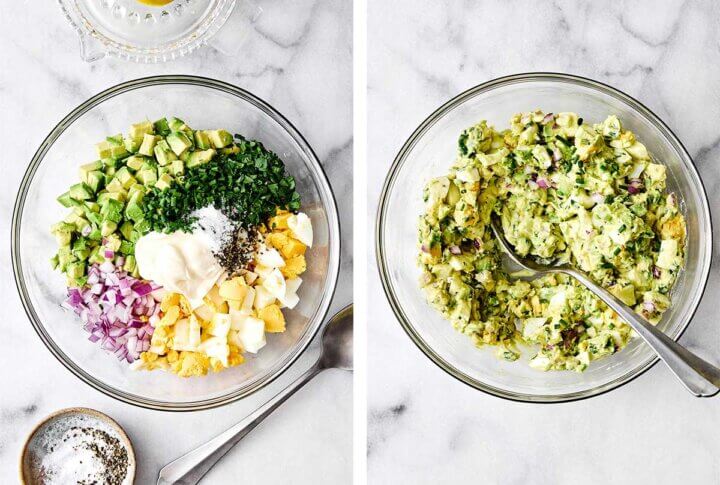 Showing how to make avocado egg salad.