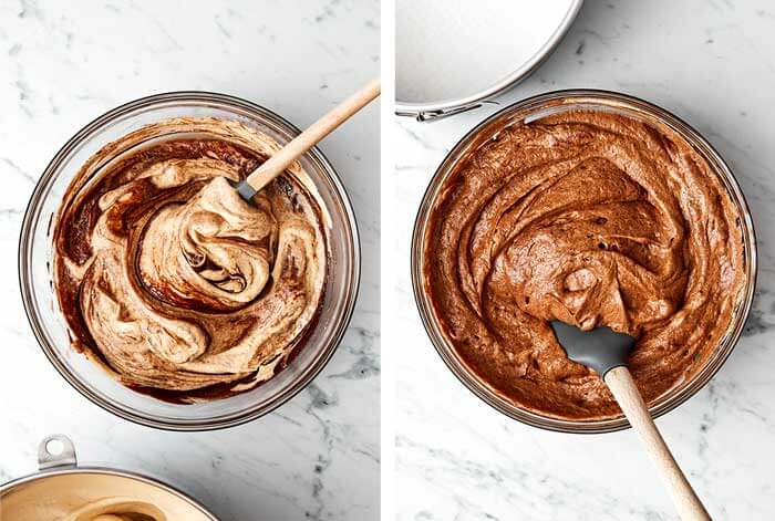 Folding egg whites in chocolate.