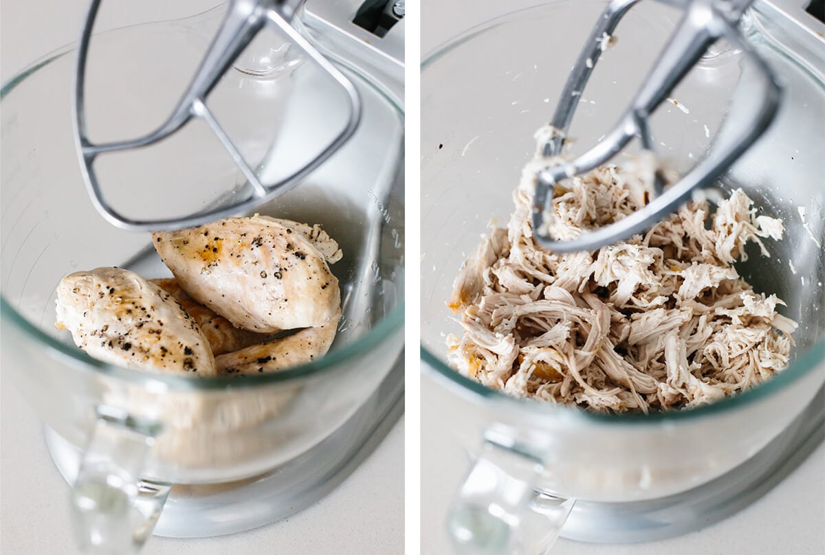 Shredding chicken breasts in a stand mixer.