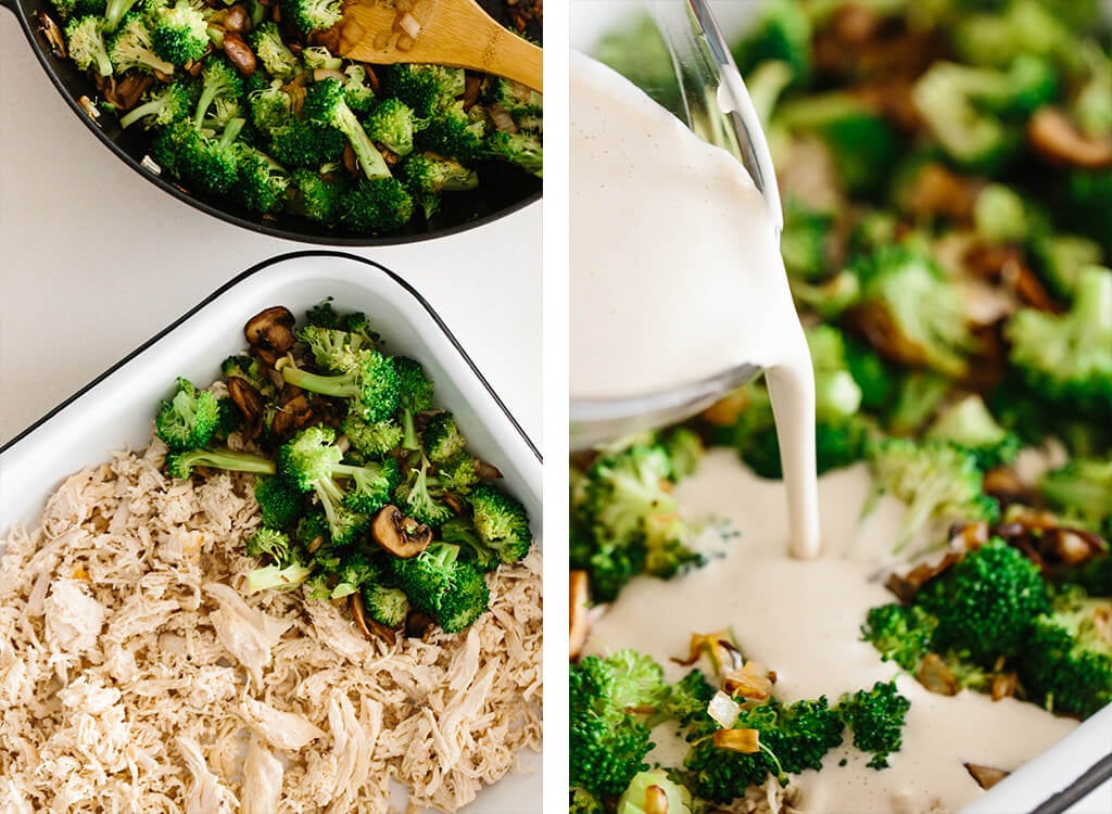 Whole30 casserole recipe with shredded chicken, sautéed mushrooms and broccoli, then topped with my Vegan Alfredo Sauce for an easy and healthy weeknight dinner. It's also a dairy-free and paleo casserole recipe.