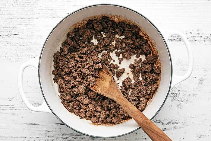 Cooked ground beef in a pot