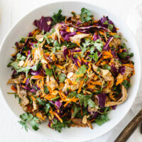 Pulled pork, cabbage and arugula salad with citrus lime vinaigrette. A hearty, flavorful and healthy salad recipe.