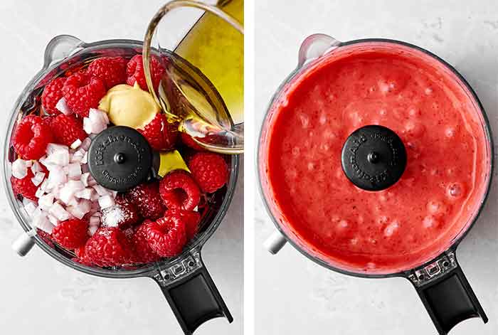 Blending raspberry vinaigrette in a food processor.