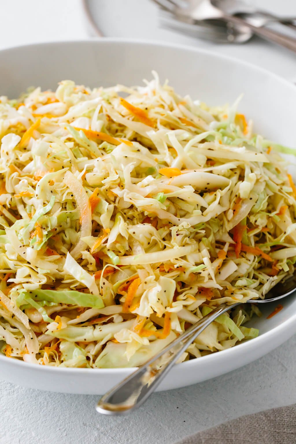 Vinegar coleslaw in a white bowl. 