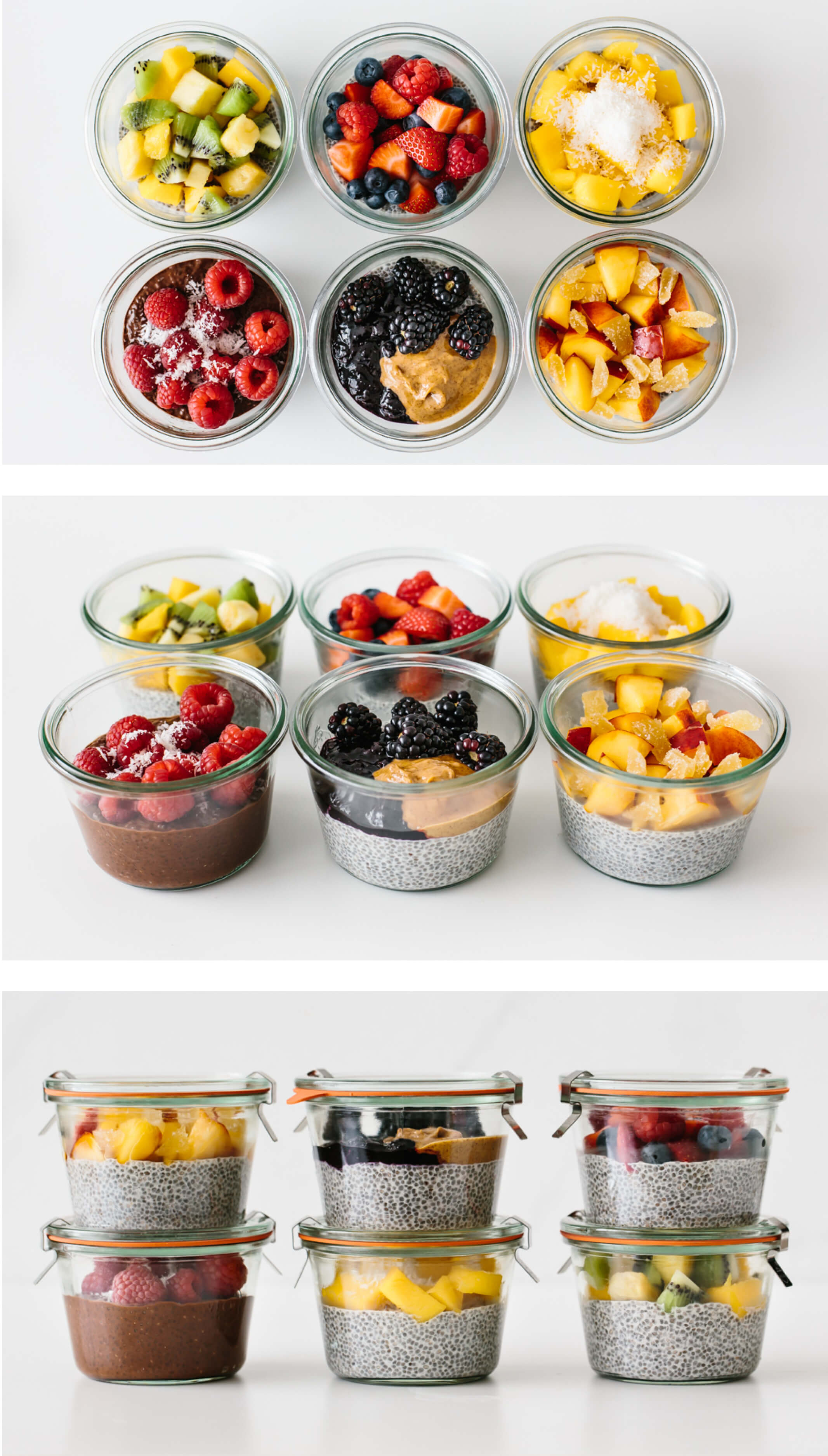 Chia pudding meal prepped with fresh fruit in glass containers.