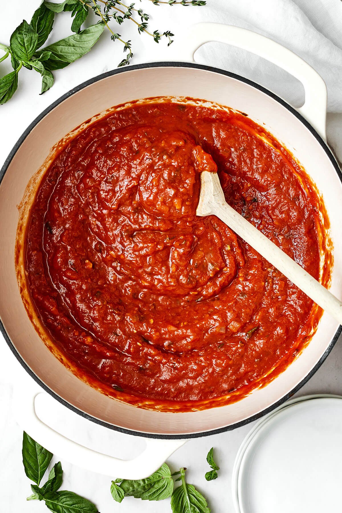 A big pot of homemade marinara sauce