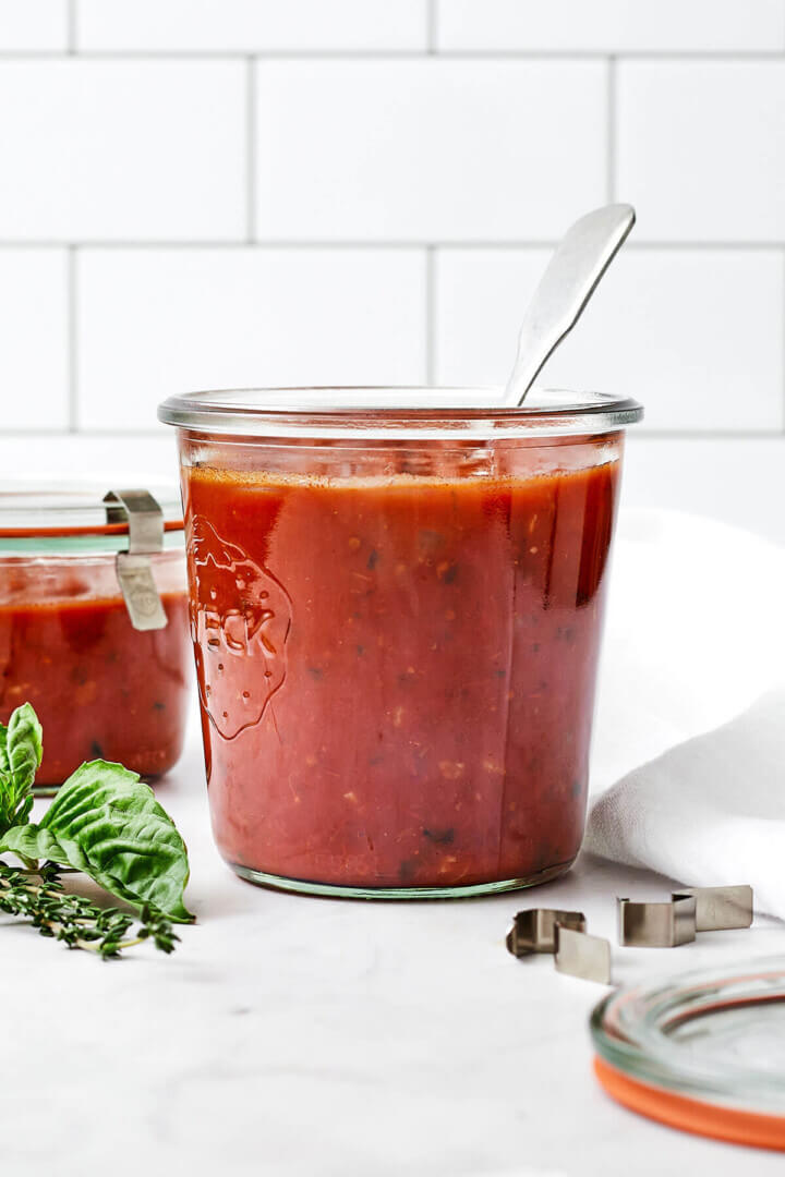 A jar of marinara sauce