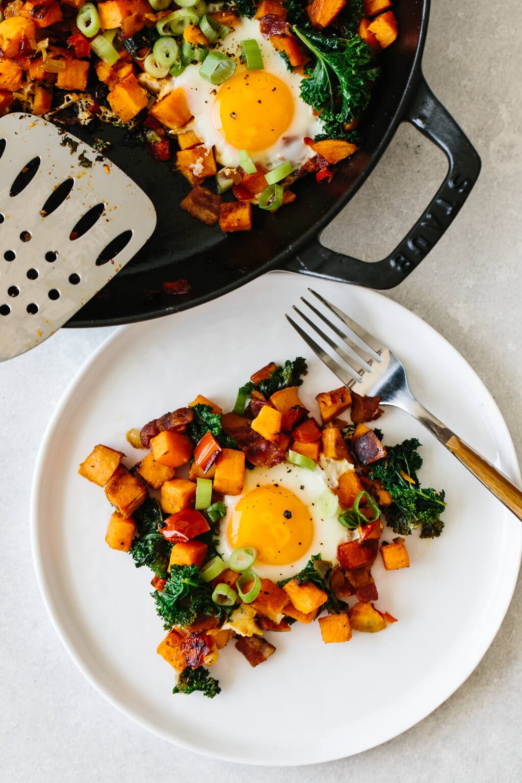 A single portion of sweet potato breakfast hash on a plate.