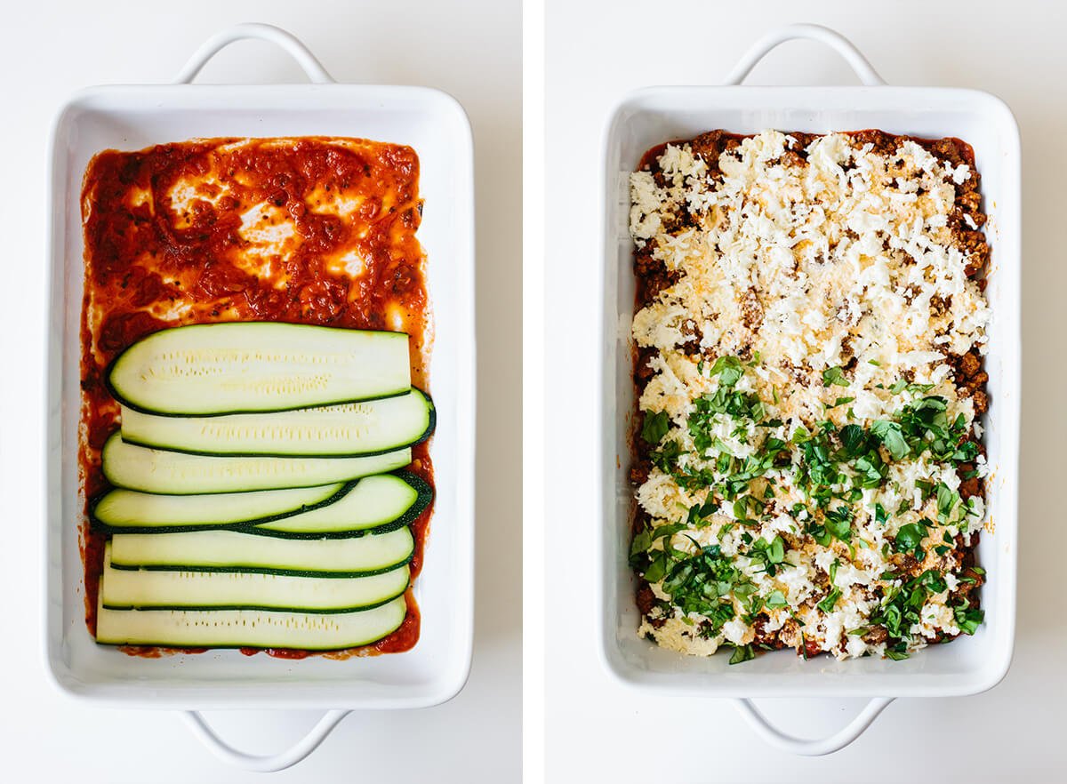 Layering zucchini lasagna in a casserole dish