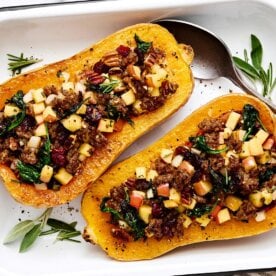 Stuffed butternut squash with sausage and apples.
