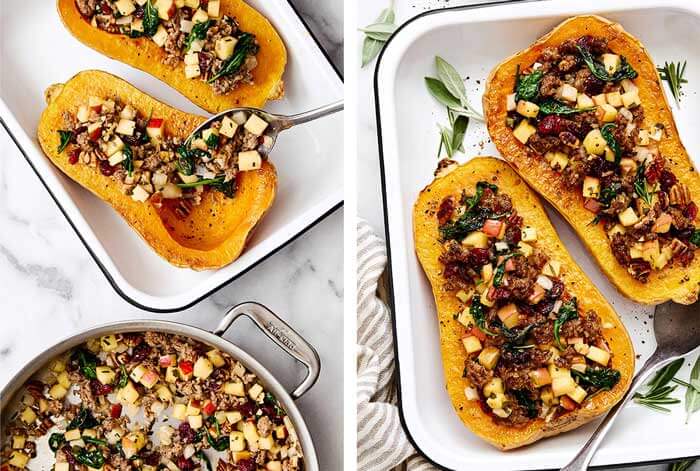 Adding filling to stuffed butternut squash.