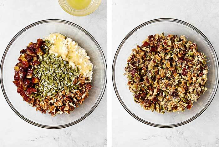 Mixing a pecan crumble topping in a bowl.