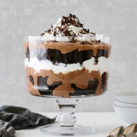 Brownie trifle in a large trifle bowl.