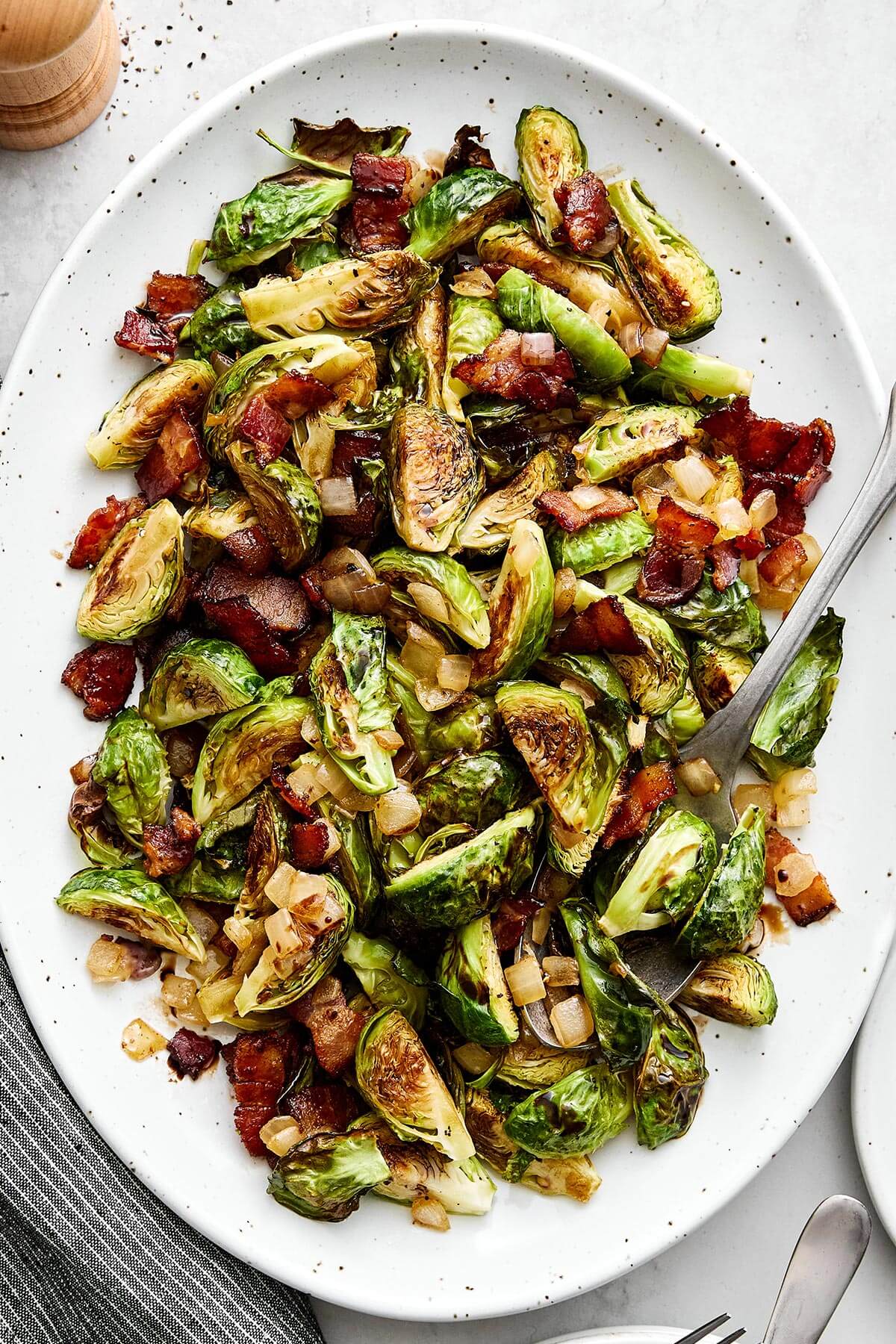A platter of balsamic bacon Brussels sprouts.