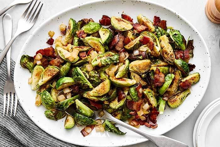 A platter of balsamic bacon Brussels sprouts.