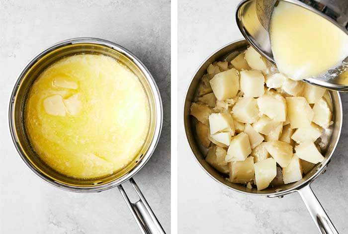 Mixing butter milk mixture with potatoes