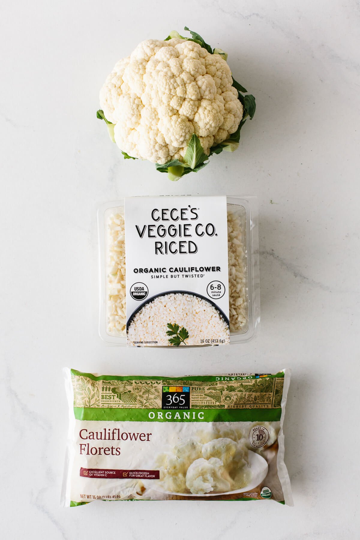Different types of cauliflower for pizza crust.