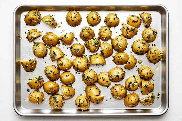 Roasting potatoes on a sheet pan.