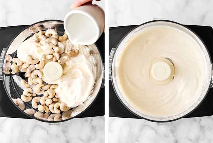 Step one of healthy spinach artichoke dip: blend cashews.