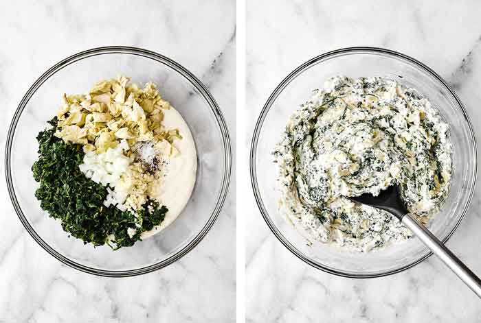 Step two of healthy spinach artichoke dip: mix everything together.