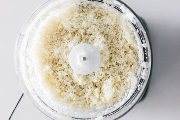 Cauliflower grated in a food processor.