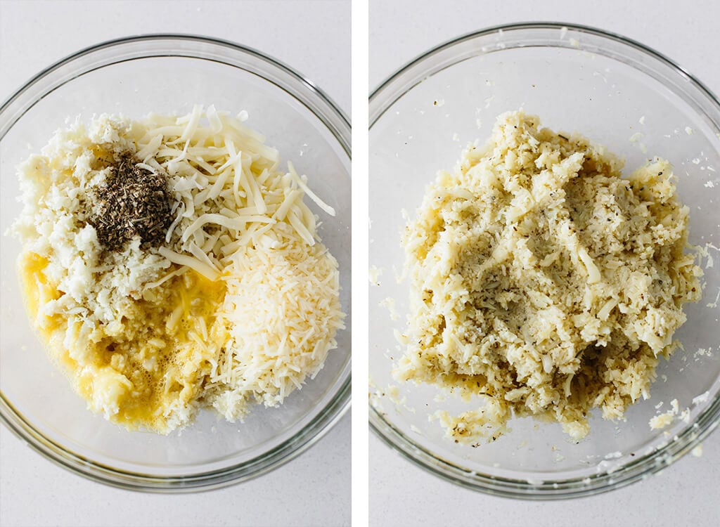 Cauliflower pizza crust ingredients in mixing bowl.