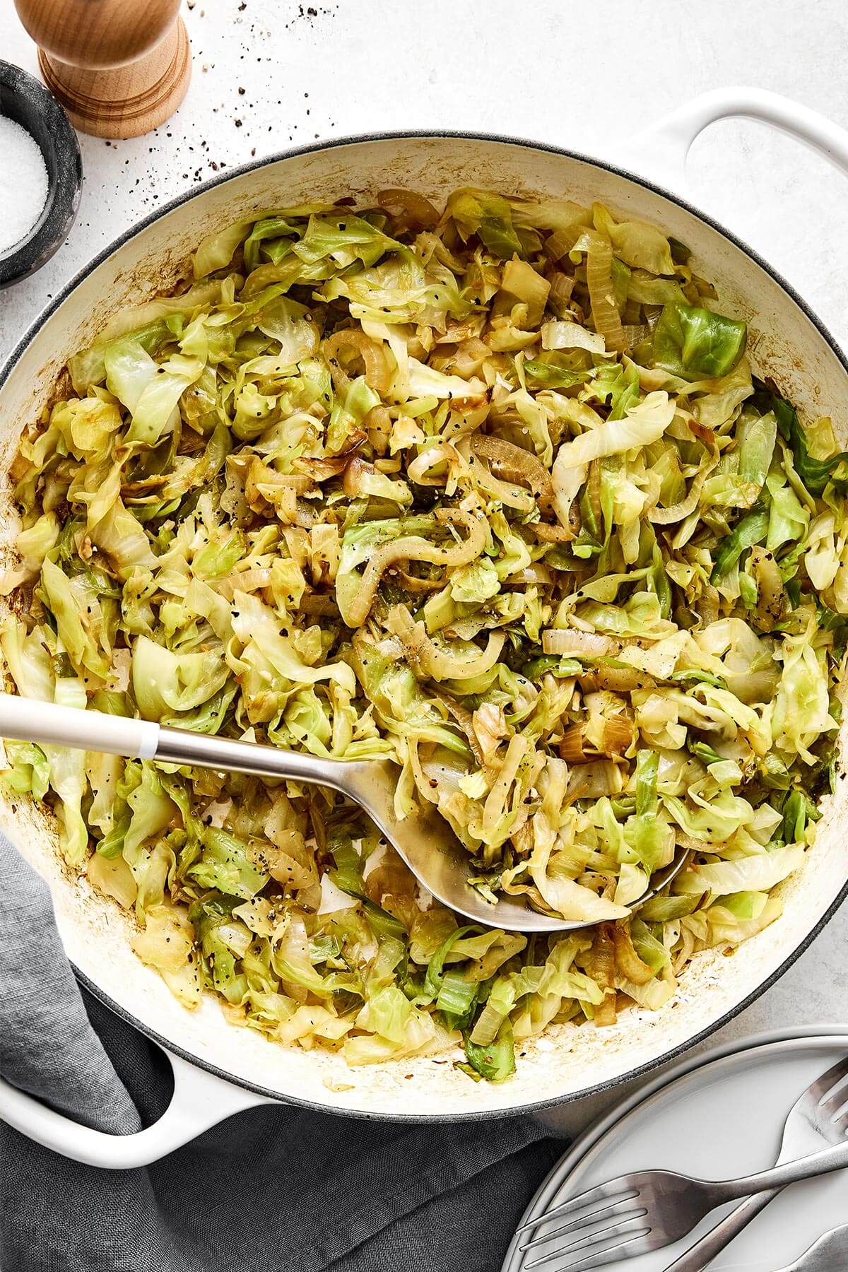 A pan of sauteed cabbage.