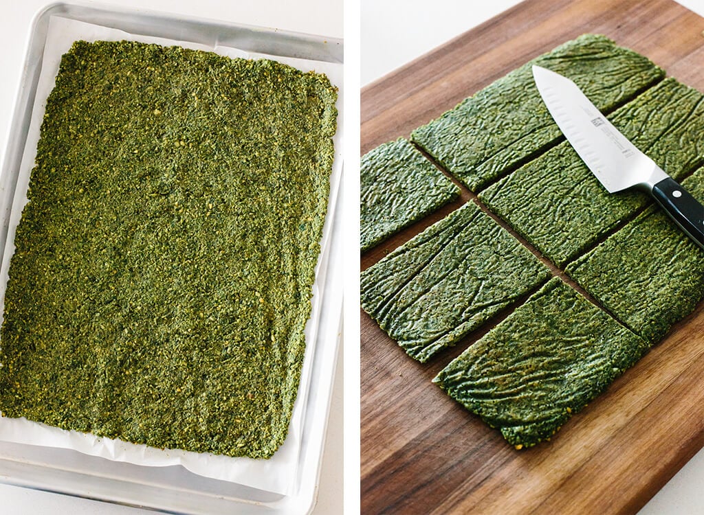Slicing falafel flatbread on cutting board.