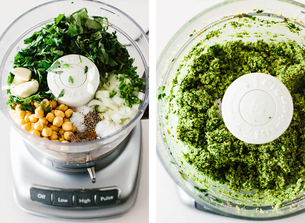 Making falafel flatbread in a food processor.